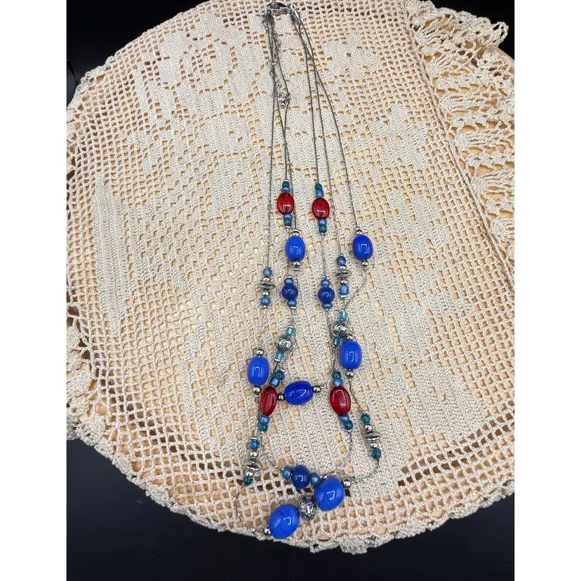 🐞Vtg Silvertone 3-Strand Layered Necklace - Cobalt Blue & Red Acrylic Beads