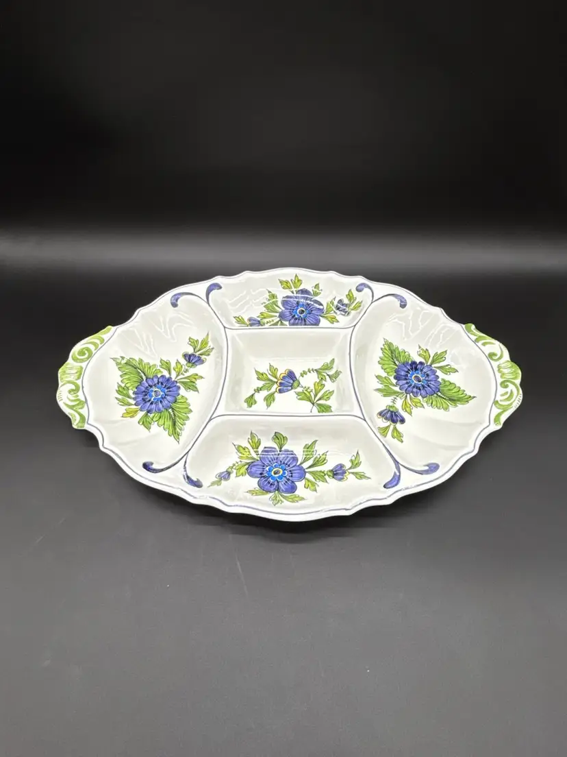 Italian Nove Blue Flowers Ceramic 5 Section Divided Platter Hand Painted Blue Florals