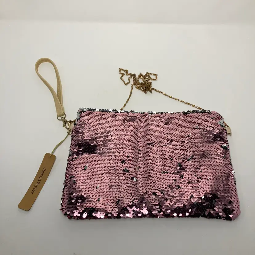 NEW! Pink Sequin Purse, Clutch Or Wristlet Bag With Gold Tone Removable Chain Strap and Removable Wrist Strap!  22” Chain Strap! Bag Is 10 1/2””x 7”! 6” Wristlet Strap!