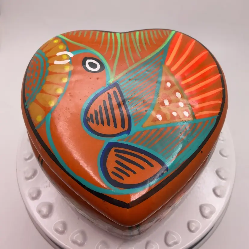 POW2 VTG Terracotta Heart Shaped Trinket Box Bird Flowers3.5" x 2" Mazatlan Hand Painted