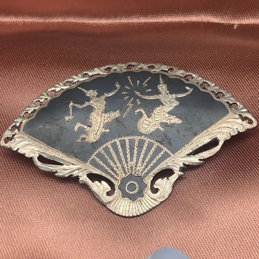 Vintage Sterling Silver Made in Siam Niello Fan Brooch Thai Dancers 2¼”