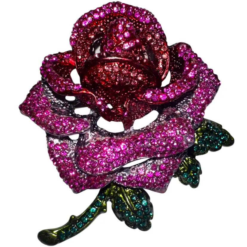 Gunmetal Tone Rose Rhinestone Brooch