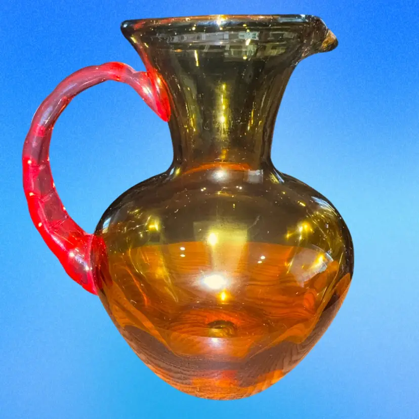Vintage Hand Blown  Amber With Red Handle Art Glass Pitcher