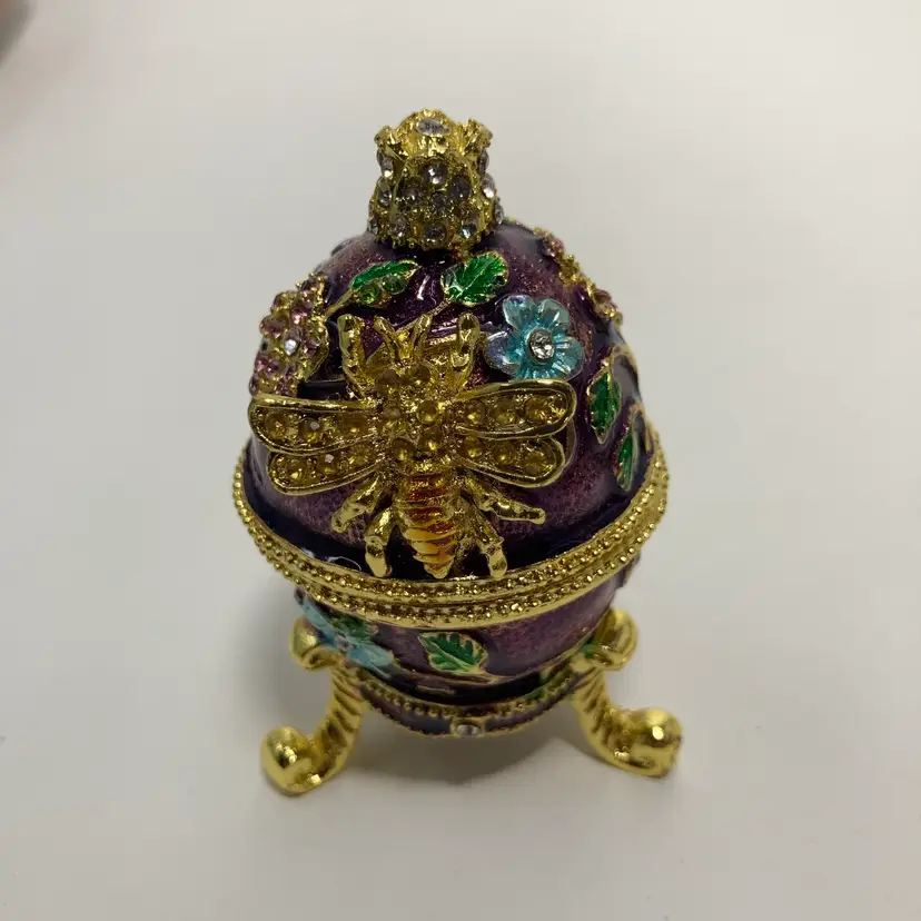 Footed Bee And Florals Rhinestone Trinket Box! 3” Tall! No Missing Stones!