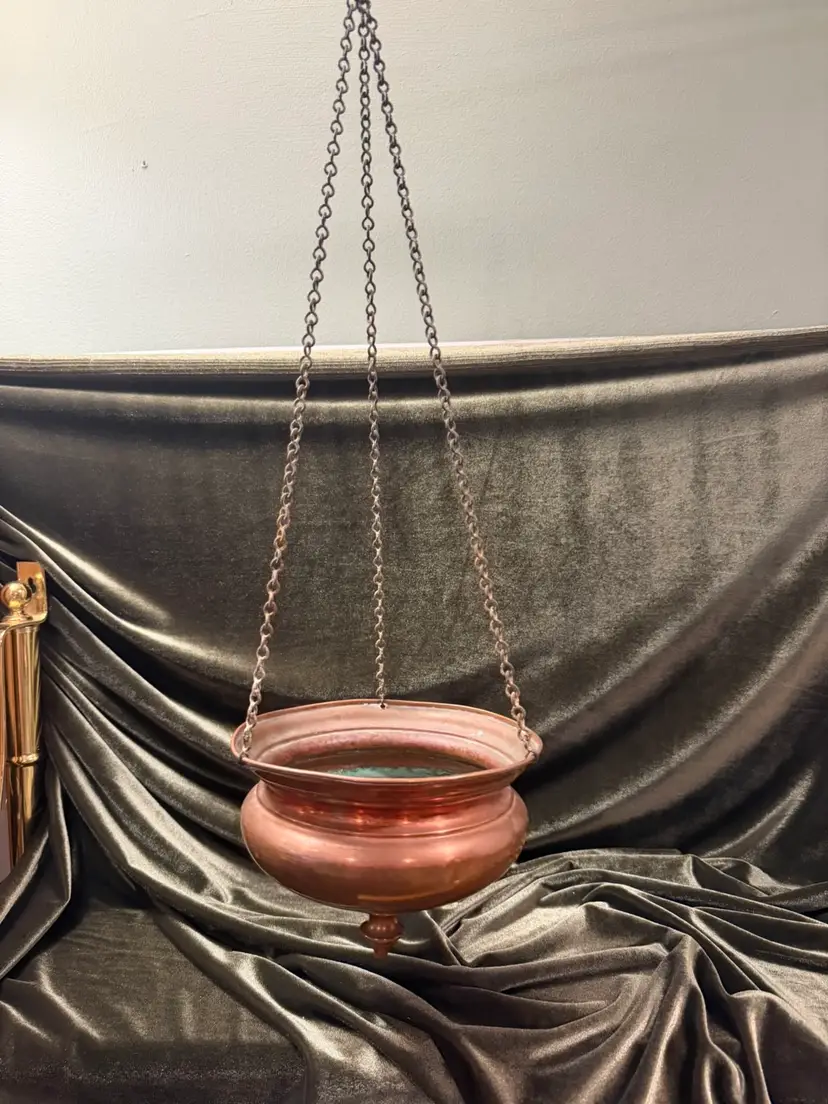 Vintage Copper Hanging Planter Bowl Cauldron - Antique Indian Shirodhara Pot Altar Vessel Style , Boho Garden Decor with Chains
