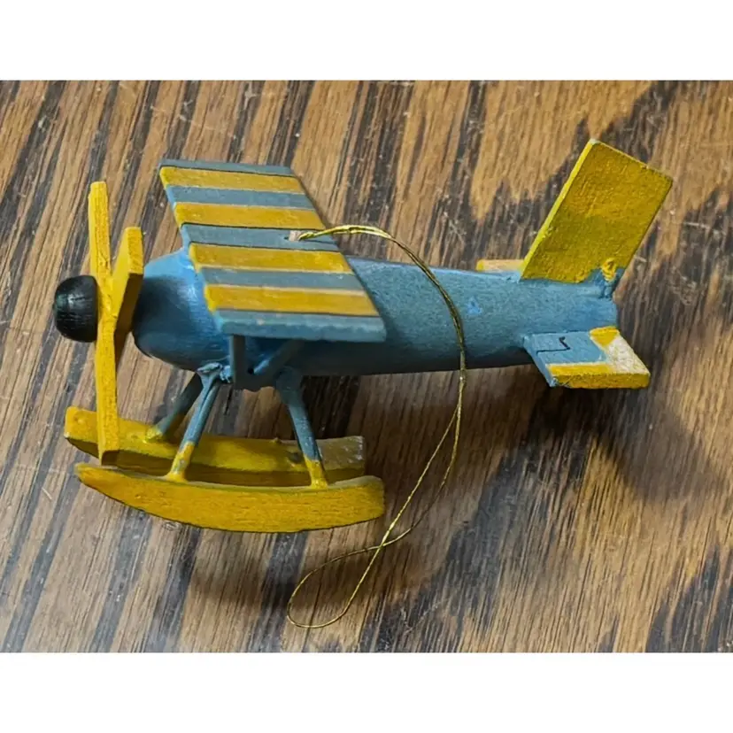 Vintage Hand Painted Wood Seaplane Biplane Airplane Ornament Propeller Plane