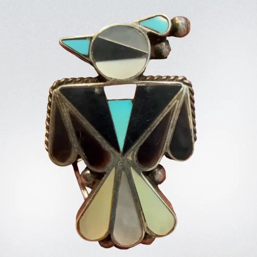 Vintage Zuni Inlay Thunderbird Turquoise, MOP, Onyx Sterling Silver Pendant Brooch, 1.30”
