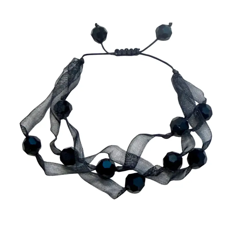 Handmade Mesh Ribbon Faceted Black Glass Beads Multi Strand Bracelet