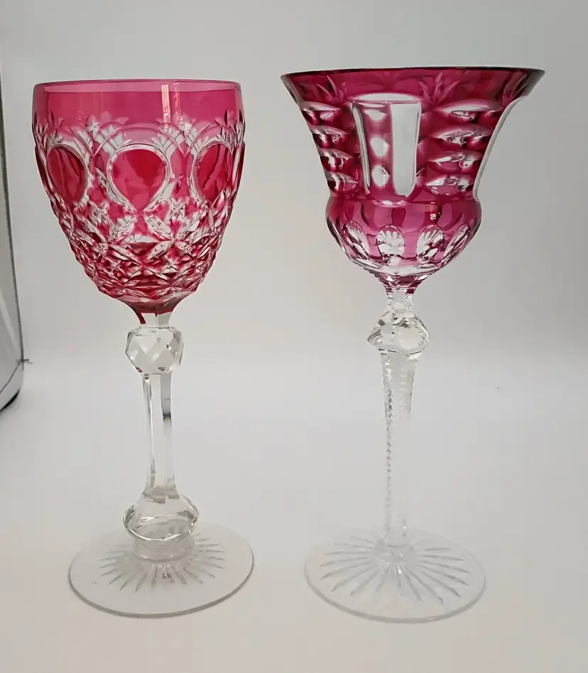 2 Bohemian Stem Wine Goblets ~ Cut to Clear Ruby Crystal ~ Barware Glasses
