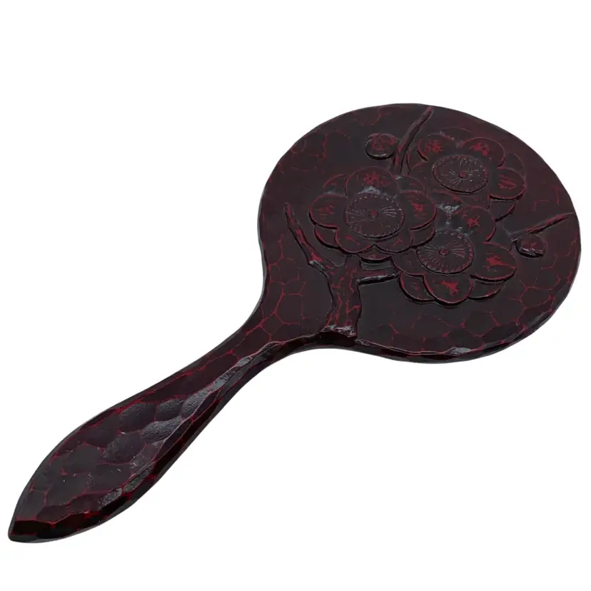 #4015 Vintage Japanese Kamakurabori carved wood hand mirror with floral motif.