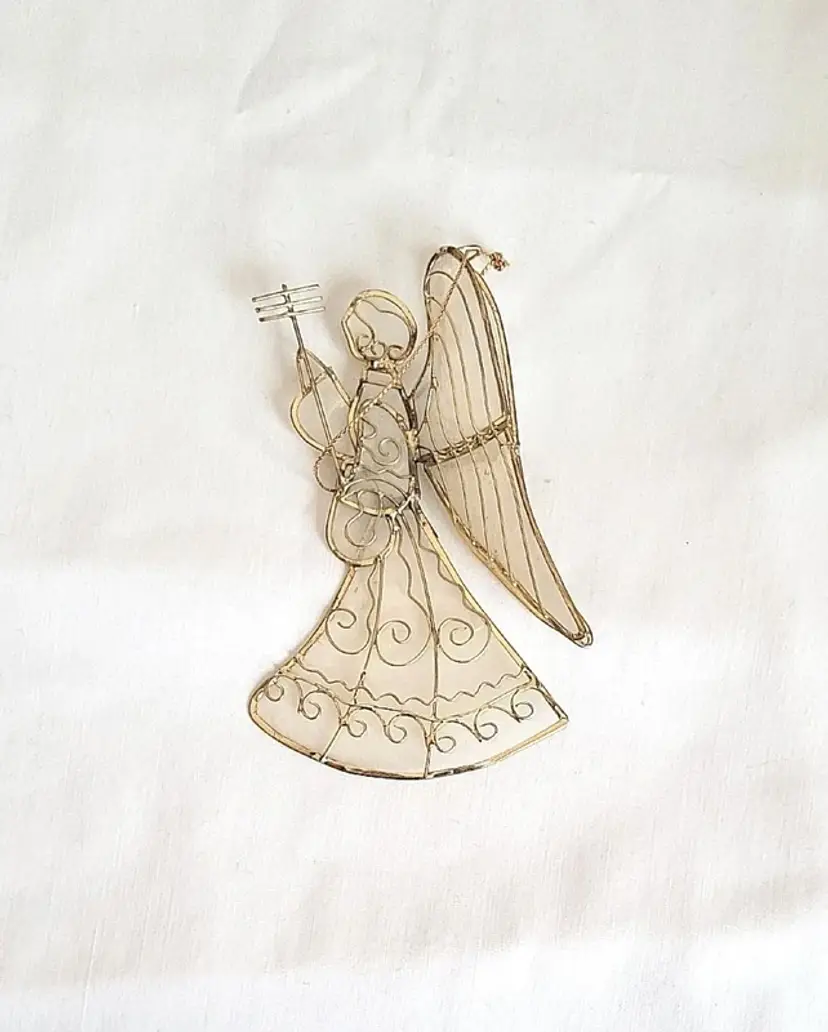 Vintage Gold Wire Plastic Angel Christmas Ornament Holding Crossbar Staff