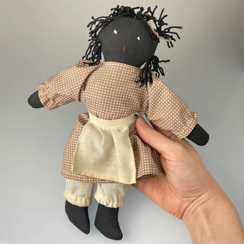 Primitive Black Rag Doll African American Handmade Cloth Folk Art 1940s Vintage 10"