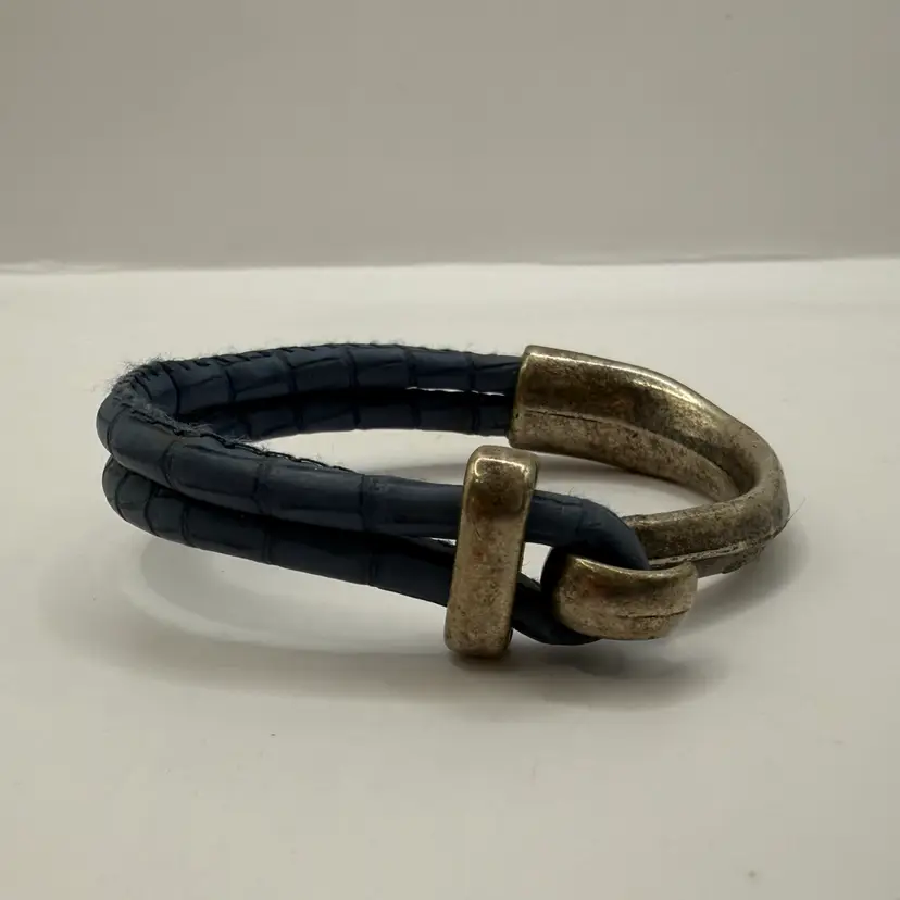 Blue Leather & Silver Tone Hook Cuff Bracelet