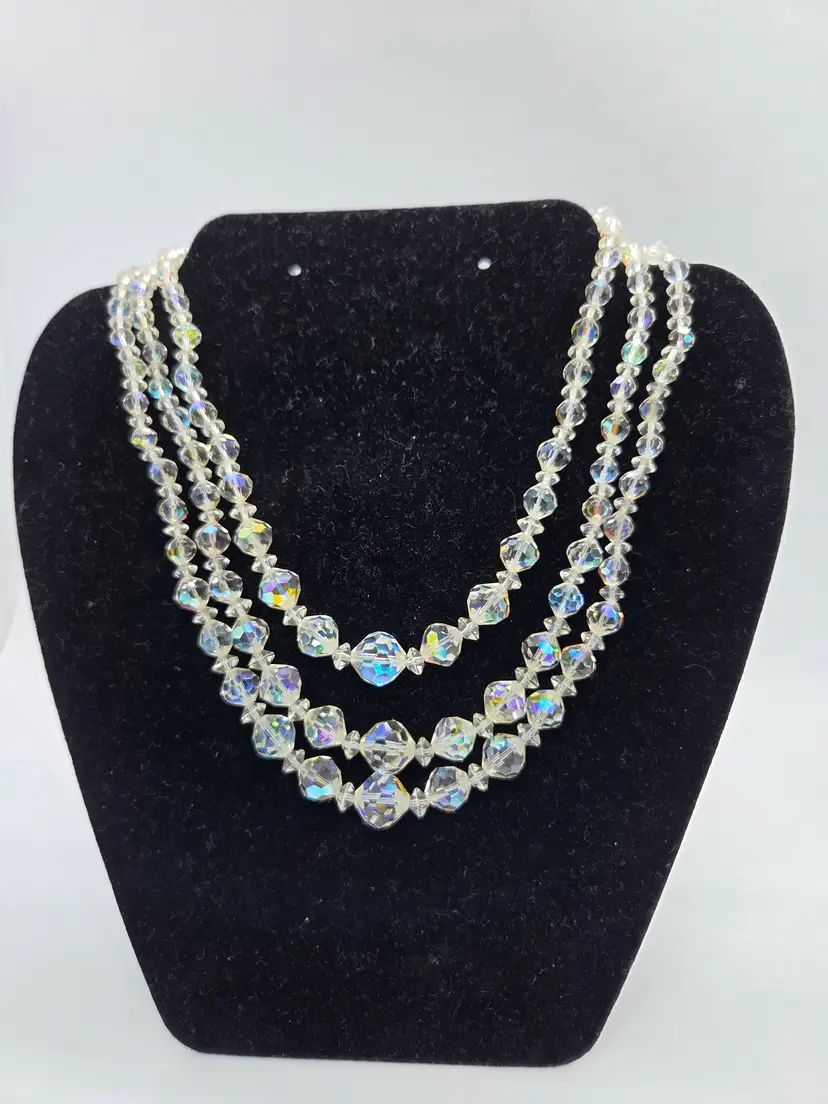 16" Three Strand Aurora Borealis AB Crystal Vintage Necklace