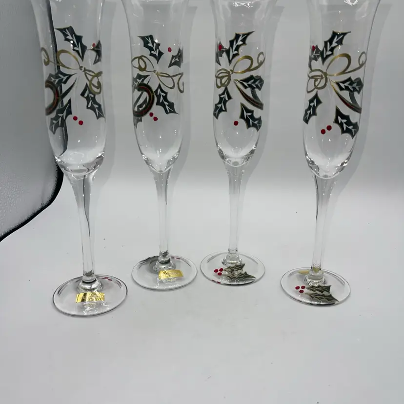 Lenox HOLIDAY SPIRIT Set of 4 Flutes Champagne Glasses Hand Painted