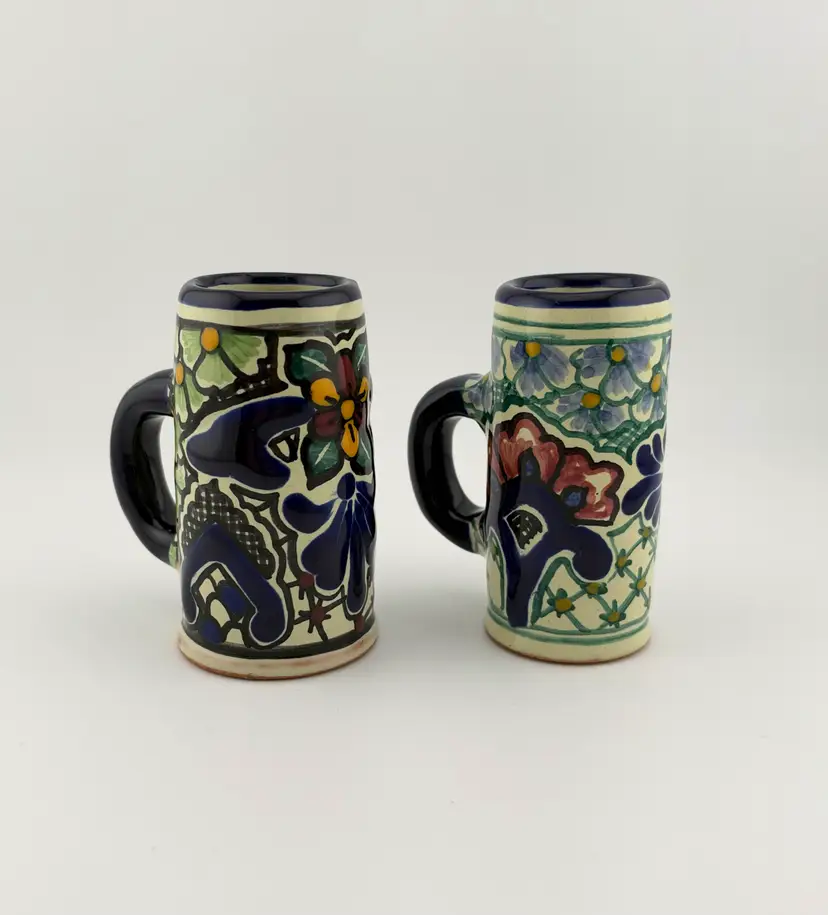 Set of 2 Tiny Talavera Pottery Mugs 2.75”x 1.5”x 3.25” & 2.75”x 1.75”x 3.25”