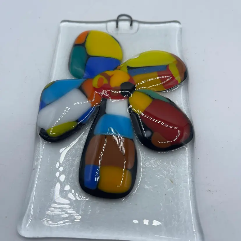 11-Fused Glass Window Hanger 6” yellow, Red Brown Blue