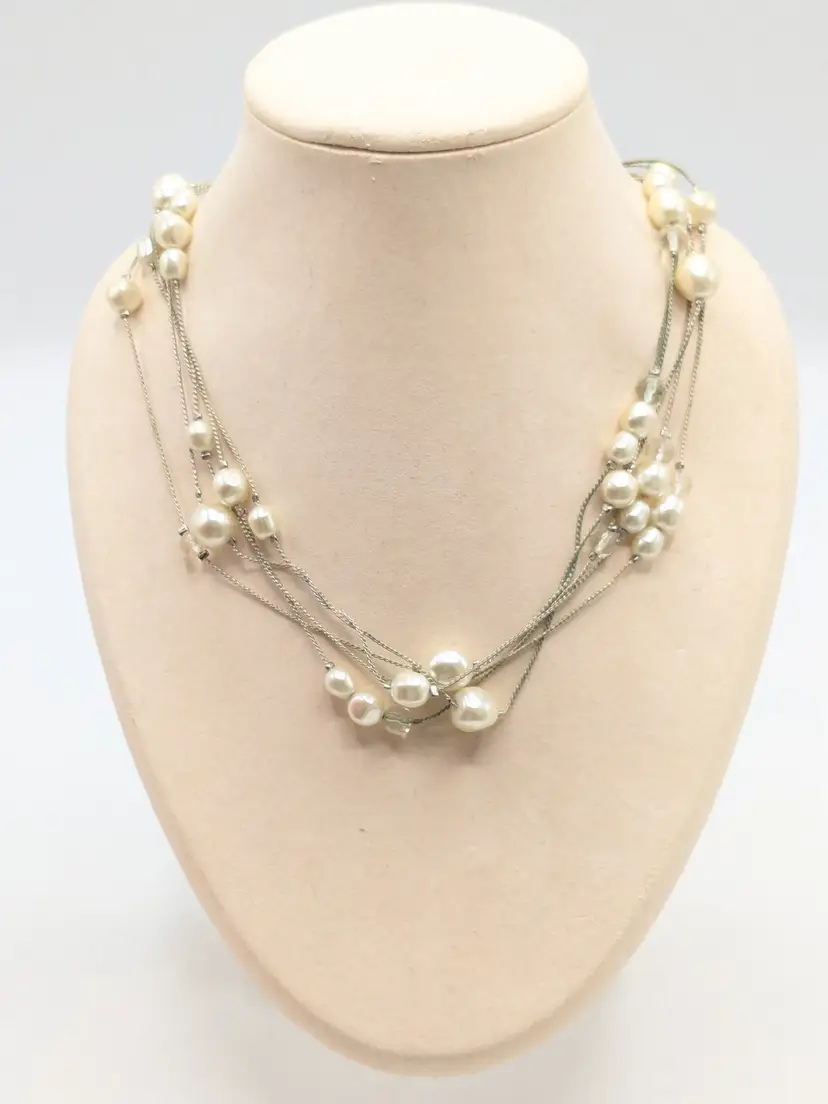 Vintage Liz Claiborne Silver Tone Multi-Strand Faux Pearl Necklace