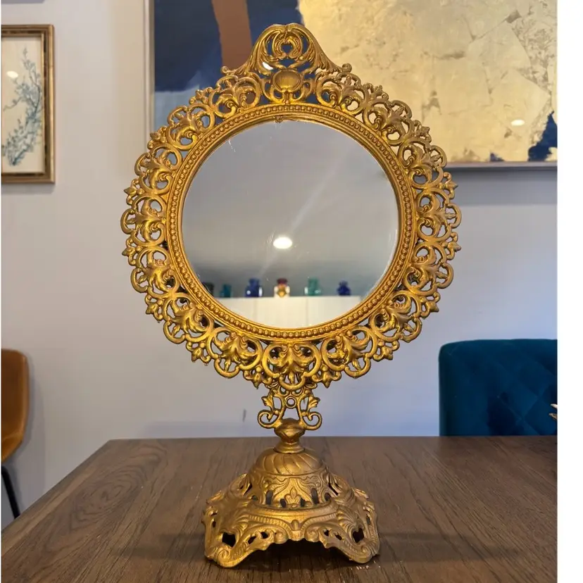 .😻 18x12” Vintage Iron Art JM 44 ornate gold-tone vanity mirror w/Victorian Scrollwork.