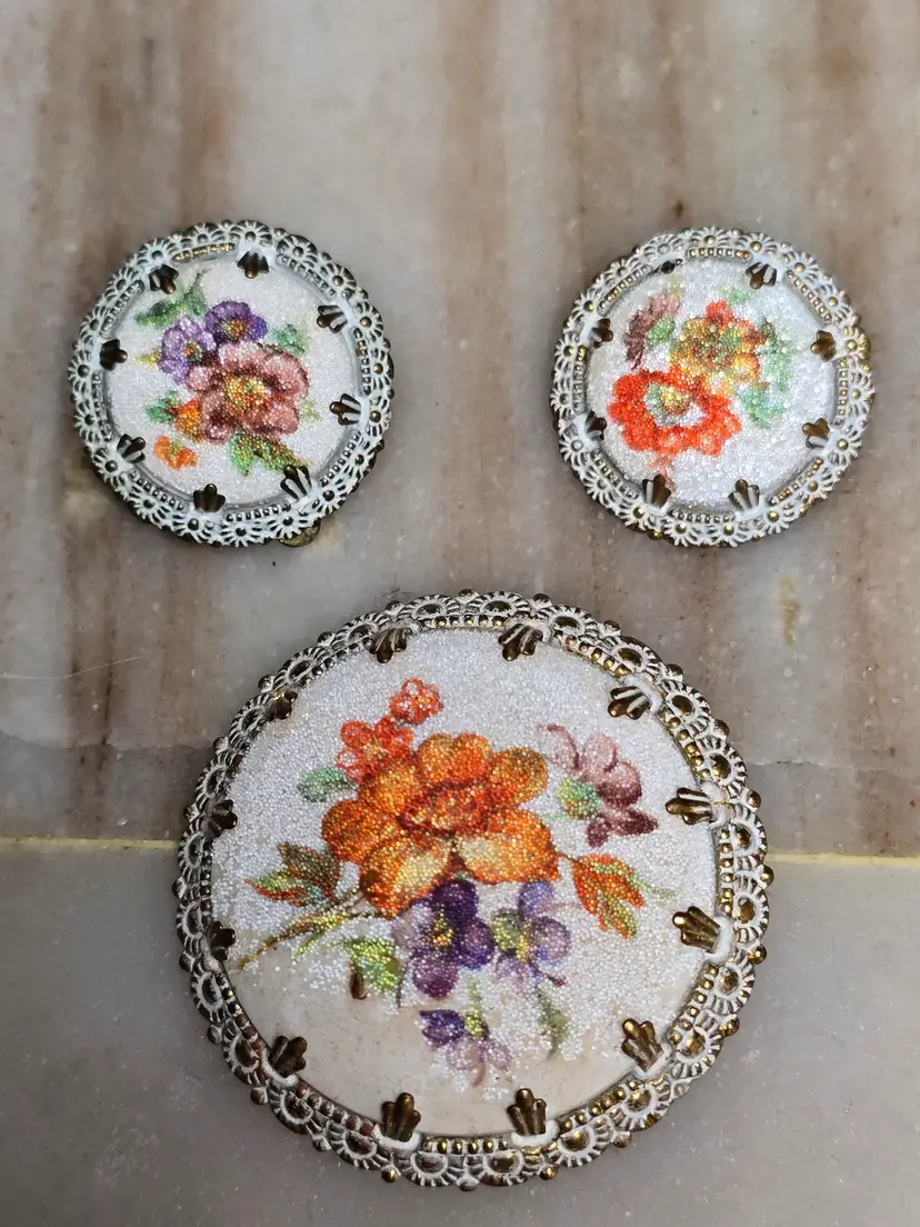 Vintage West Germany Sugared Floral Brooch & Earrings Set