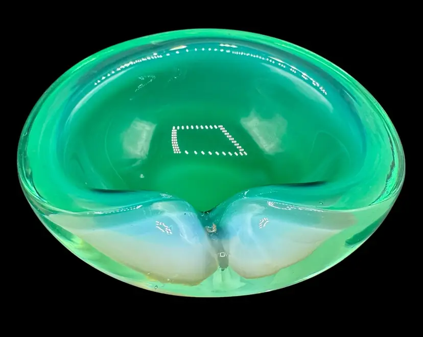 Vintage Murano Art Glass Alabastro Ashtray Bowl Aqua Blue Green White Opalescent