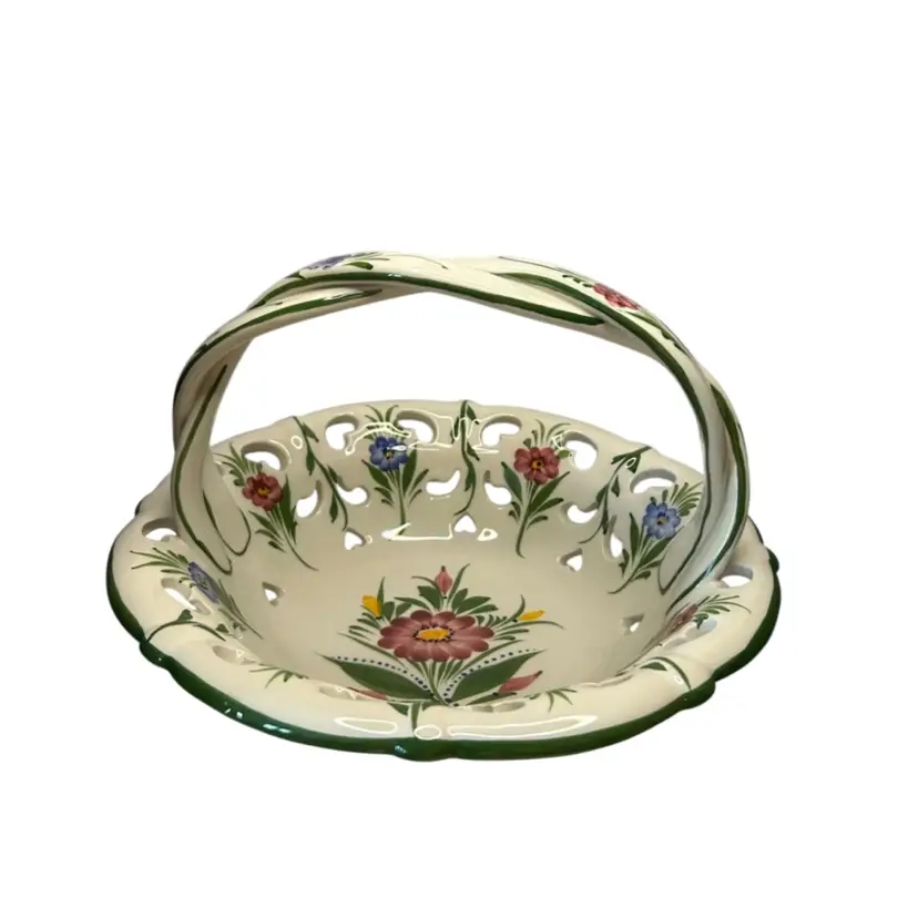 Vintage RCCL Portugal Hand Painted Ceramic Floral Reticulated Basket With Twisted Handle 7 “ Tall 10” Diameter
