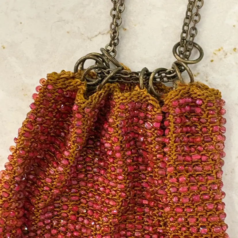 Antique 1920s Beaded Drawstring Reticule Purse Pink Crochet Brass Chain Chatelaine