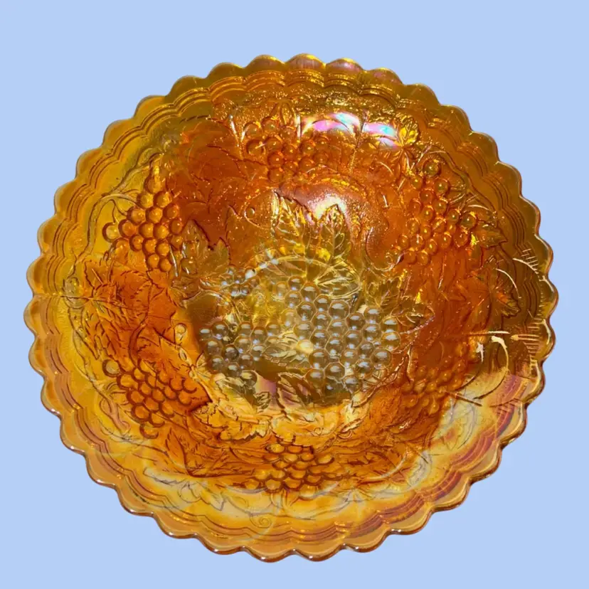 #077- Antique Glass Bowl Grapes & Vine Pattern Scalloped Rim Marigold Carnival Iridescent Imperial Glass Co 1910's