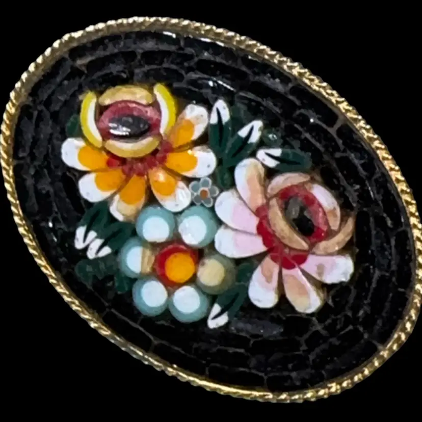 Vintage Micro Mosaic Oval Brooch Pin Floral