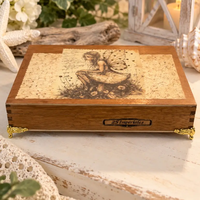 Handmade Fairy Keepsake Box, Upcycled Cigar Box, Mushroom Trinket Box, Woodland Fairy Decor, Cottagecore Jewelry Box
