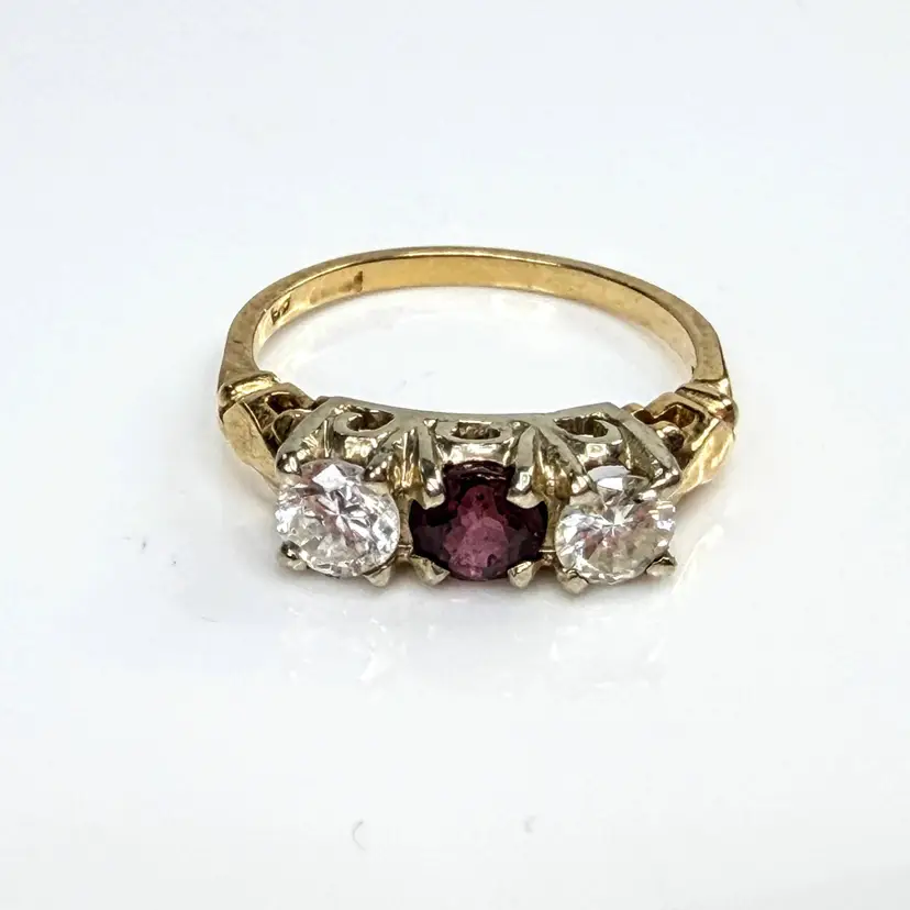 Antique Three Stone Old European Cut Diamond and Ruby Ring 2.5g Size 8 JR2065