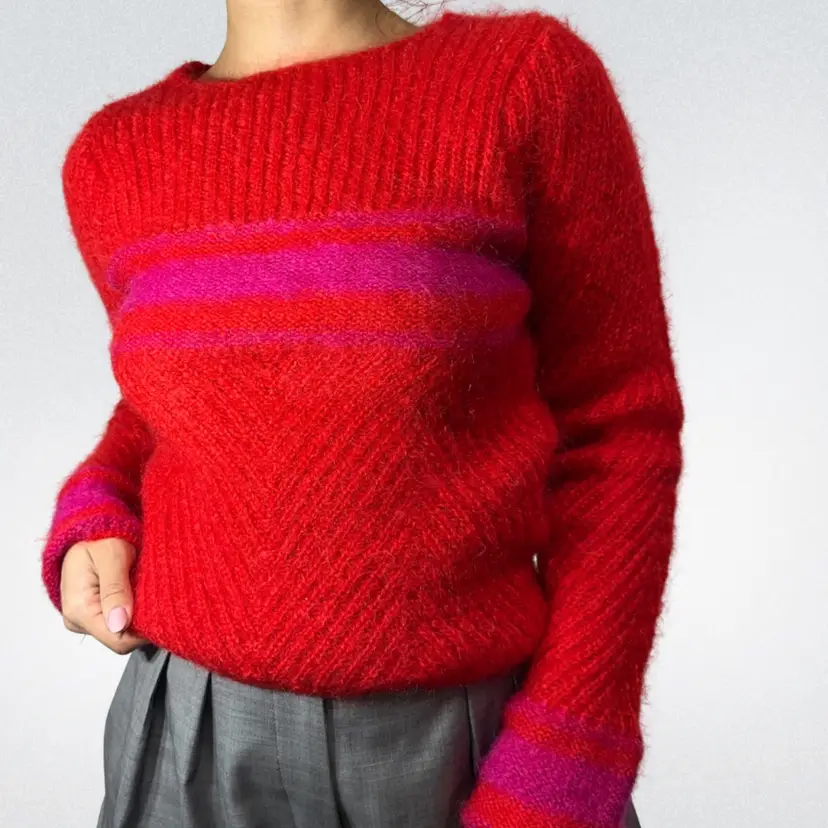 Vintage fuzzy mohair wool red sweater – striped mohair jumper – size xs