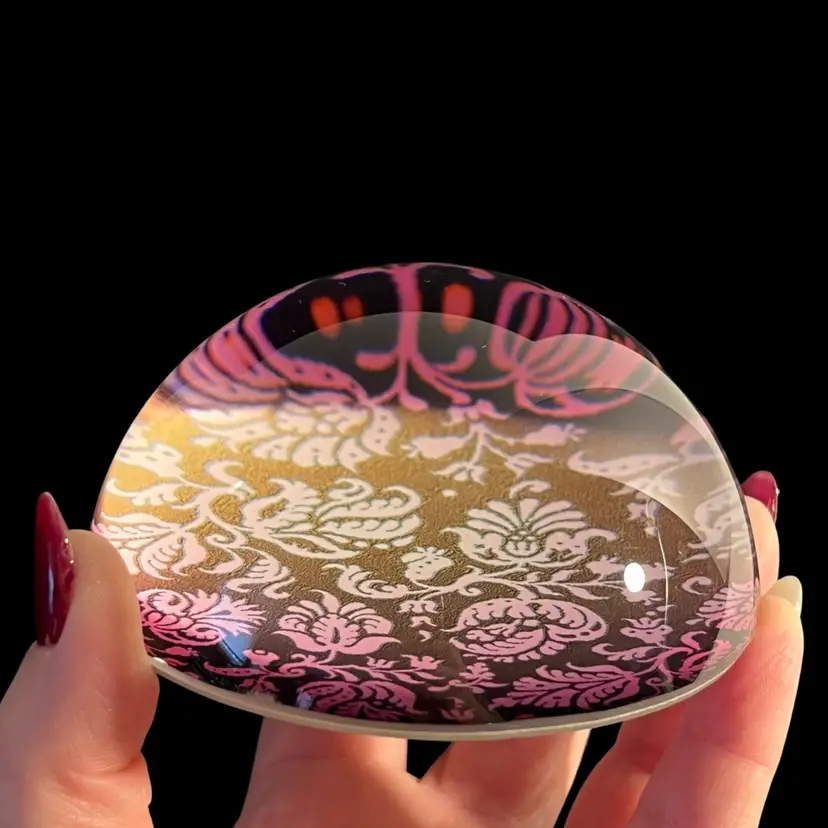 Floral Glass Dome Paperweight Purple Pink Gold Damask Brocade Flower Print | 3.5”