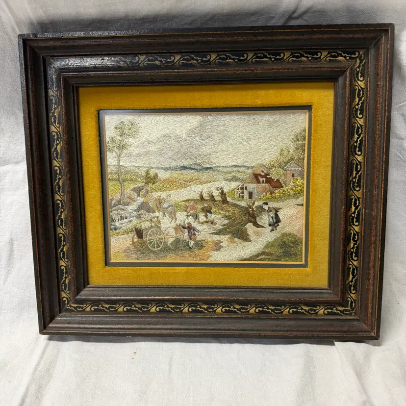 Vintage Framed Crewel Embroidery Of Country Farm W Farmers & Landscape 13”