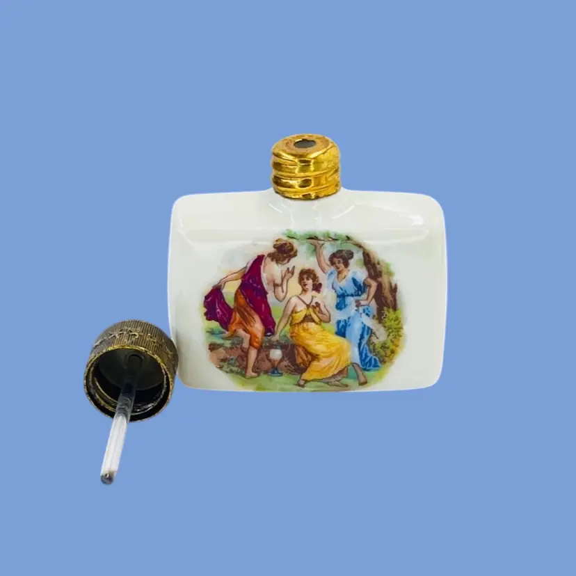 #217- Miniature Perfume Bottle Hand Painted Porcelain w/glass Dabber Approx 2x2”