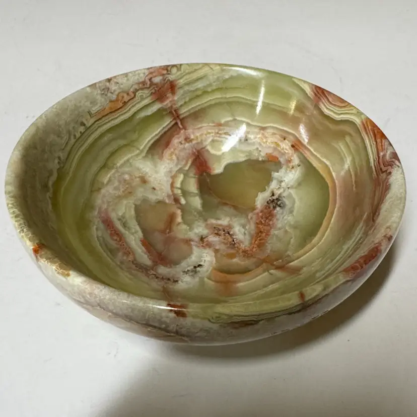 Onyx Bowl Natural Green Brown Marbled carved stone 5”