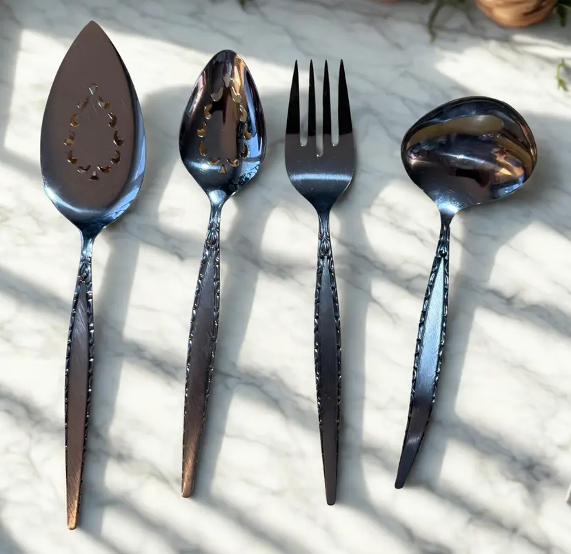 Discontinued MCM Oneida 'Venetia' Serving Set Cake Server Slotted Spoon Meat Fork Gravy Ladle Stainless Steel Collectable Vintage Home Decor