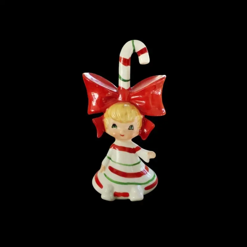 Vintage Lefton Christmas Candy Cane Pixie Girl Figurine Bell Stripes & Red Bow