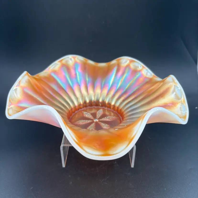Dugan Stippled, Flower, Peach Opalescent , Carnival Glass Dish