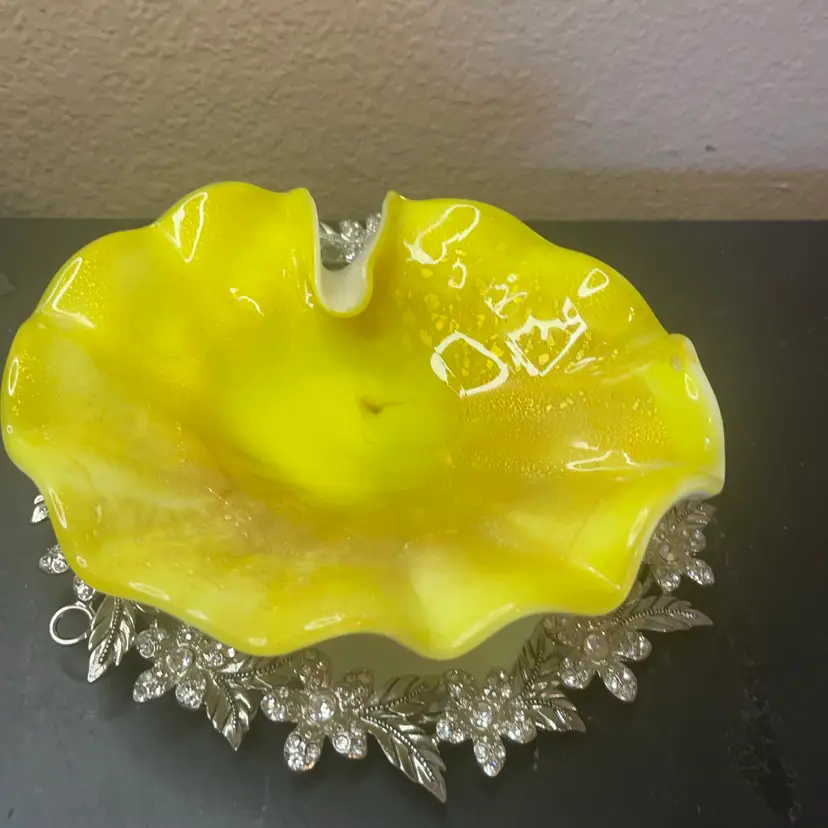 HTF Stunning Alfredo Barbini Murano Italy Canary Aventurine 6” Bowl