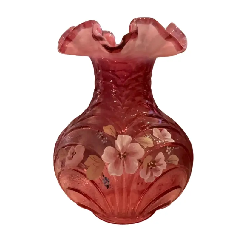 Vintage Fenton Cranberry Opalescent Drapery Vase Hand Painted By Angela Meeks