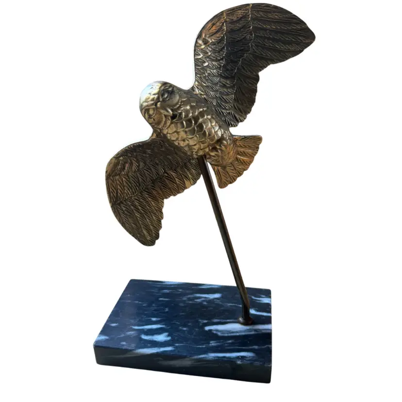 MCM Brass Flying Owl Figurine Paperweight on Marble Base