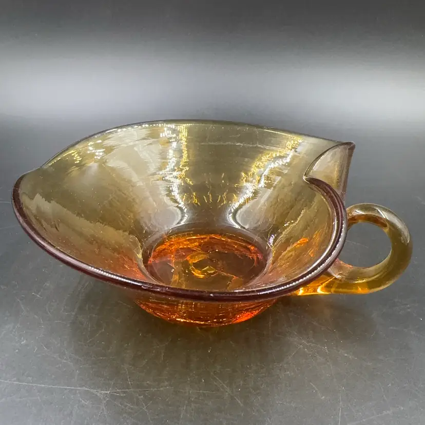 Vintage Amber Handblown Crackle Candy Dish With Applied Handle