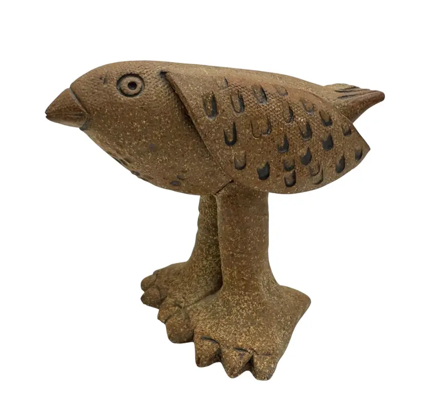 Signed Ellen Currans Oregon Art Pottery Bird Figurine Beige Brown 3.5”