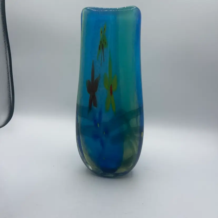 Hand blown art glass cased Cobalt blue millefiori Flowers Incased vase 11”