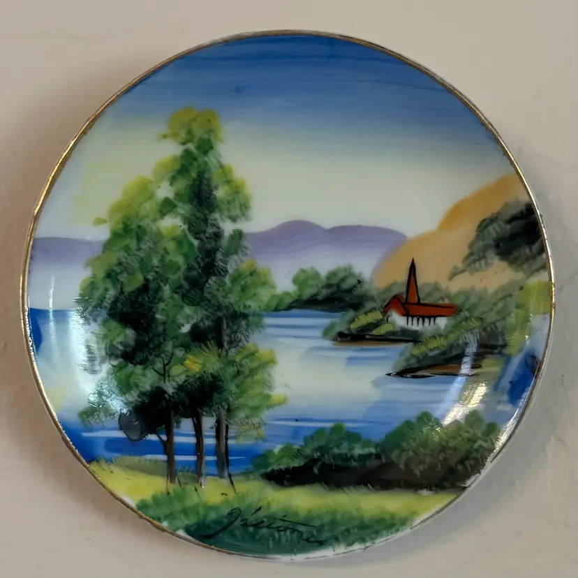 🐇Vintage Japanese Hand Painted Church Lake Small Decorative Plate