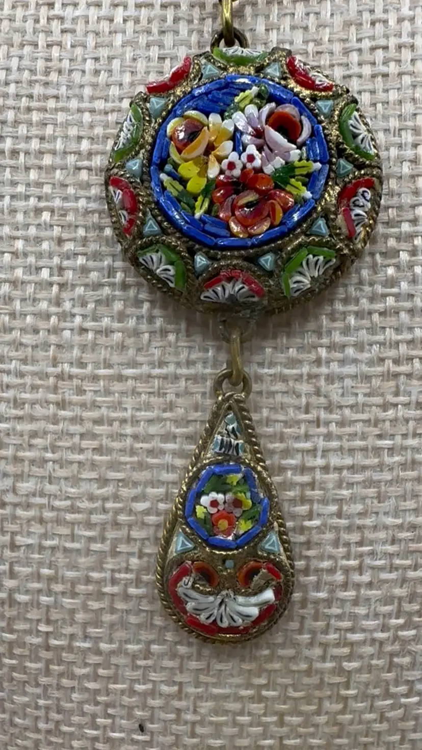 Antique Signed FAP Italy Micro Mosaic Floral Tiered Lavalier Pendant Necklace