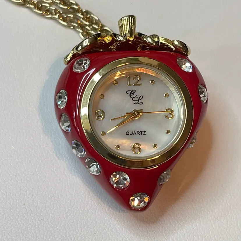 14 Designer Colleen Lopez Strawberry Red Enamel Pendant Watch 28” Necklace