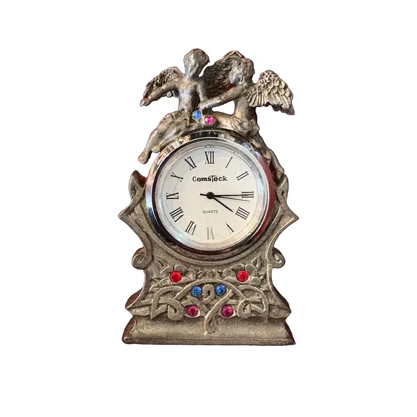 Vtg 1993 Comstock Pewter Cherub Clock Mini Desk Quartz 8 Jewel Gems 3.5"