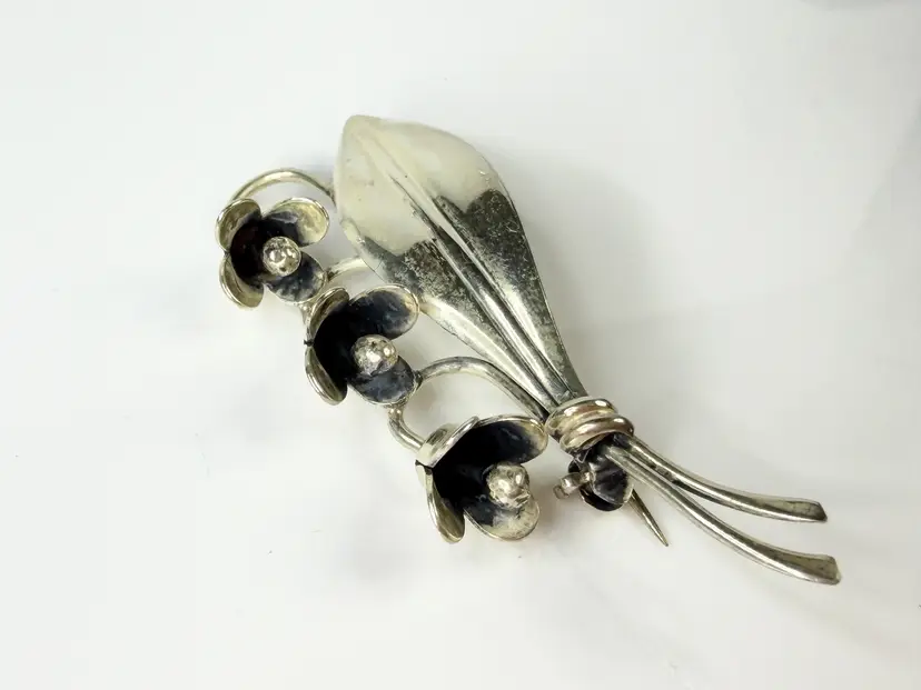 Vintage Danish Sterling Silver Lily of the Valley Floral Brooch Denmark JR2167